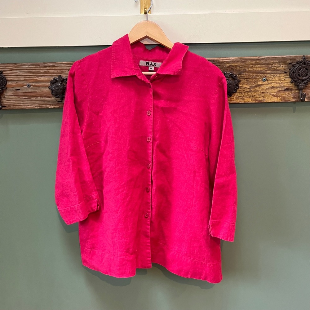 FLAX Womens pink 100% Linen Button Down Shirt 3/4 Sleeve Size M Lagenlook